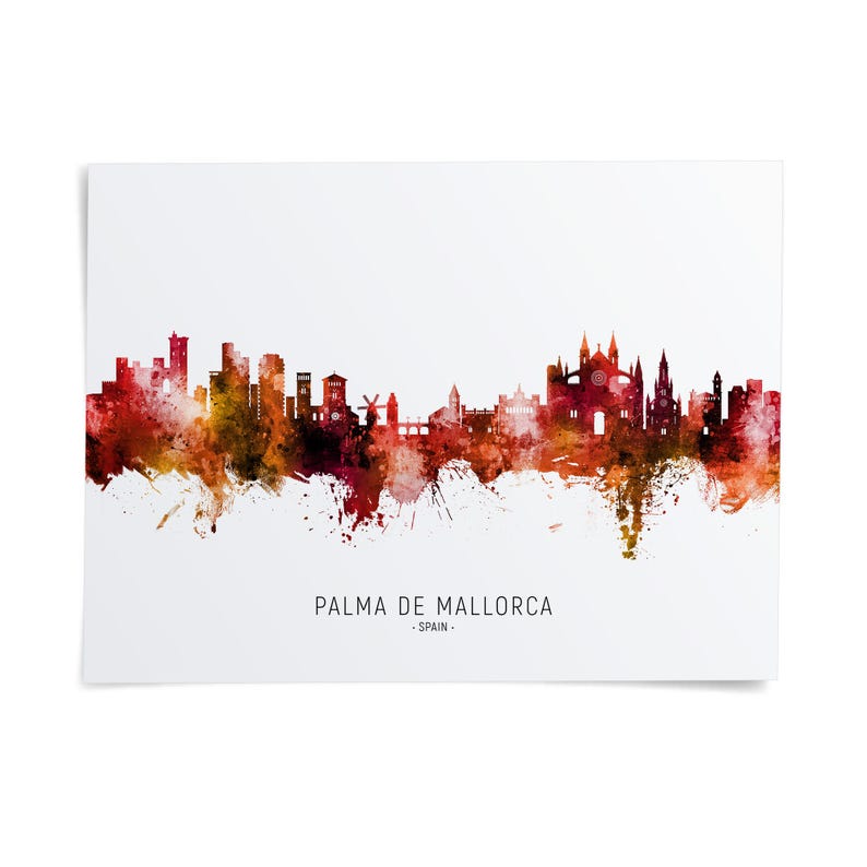 the skyline of Palma de Mallorca, Spain, with a colorful and artistic representation of the city's architectural landmarks and structures.