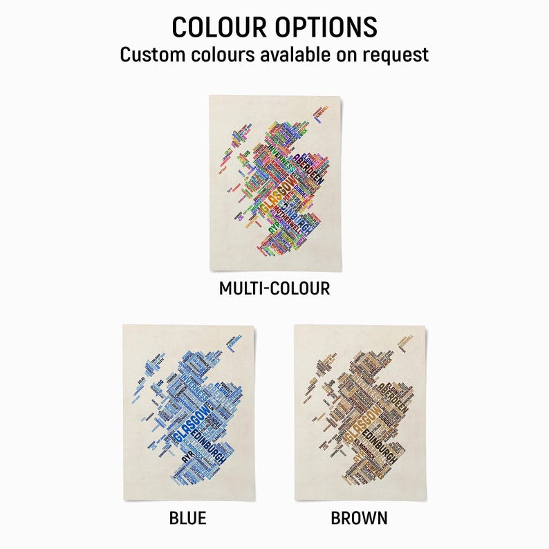 three different color options for a map of Scotland, with each option represented by a unique color. The options are "BLUE", "MULTI-COLOUR", and "BROWN".