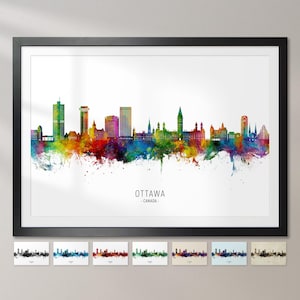 May include: A colorful watercolor cityscape of Ottawa, Canada. The skyline features various buildings, including the Peace Tower, with a white background and the city name and country below.
