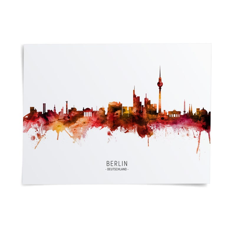 The image is a watercolor painting of the Berlin skyline, featuring the city's iconic landmarks and architecture in a vibrant, colorful style.