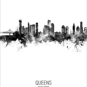 Queens Skyline, Queens New York Cityscape Art Print Poster Portrait 29481 Black & White