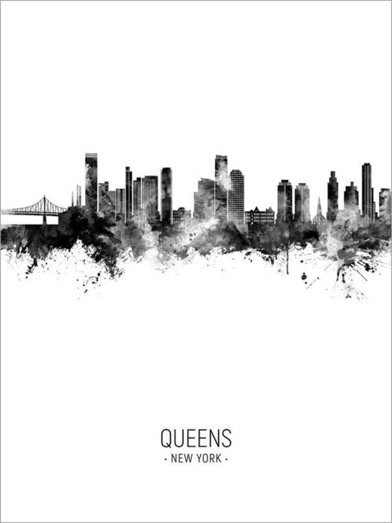 Queens Skyline, Queens New York Cityscape Art Print Poster Portrait 29481 Black & White