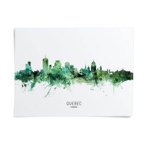 A watercolor-style illustration of the skyline of Quebec, Canada, with the city's buildings depicted in shades of green.