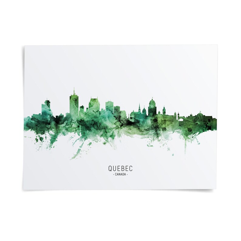 A watercolor-style illustration of the skyline of Quebec, Canada, with the city's buildings depicted in shades of green.