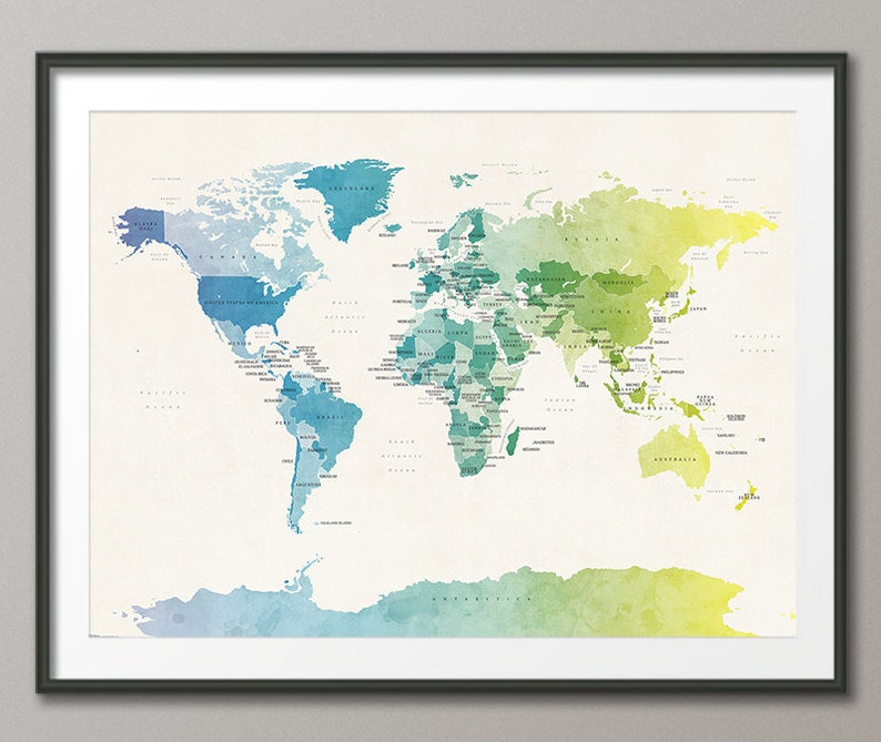 political map of the world map art print 18x24 up to 24x36 etsy