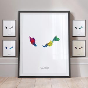 Póster con impresión artística de acuarela con mapa de Malasia MX (10879)