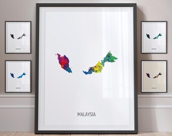 Malaysia Map, Watercolour Painting Art Print Poster, Portrait - MX (10879)