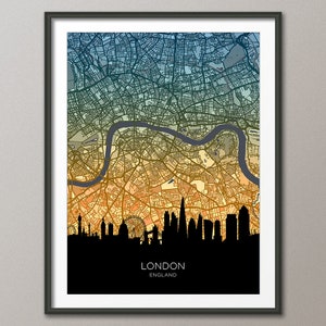 London England Skyline Karte, Stadtbild Kunstdruck Poster (32264)