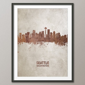 Seattle Skyline Washington, Rust on Concrete Cityscape Art Print Poster (4593)