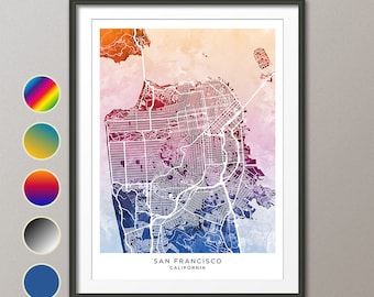 San Francisco Map, California City Map, Watercolour Art Print Poster (31236)