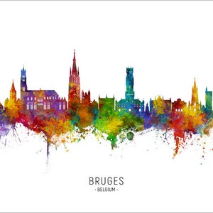 Bruges Skyline Belgium, Cityscape Painting Art Print Poster CX 15698 Include City Name