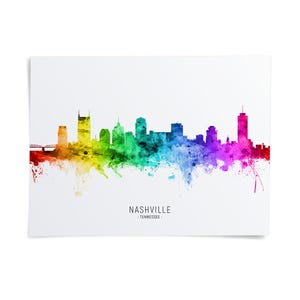 A colorful watercolor illustration of the Nashville skyline, with the text "NASHVILLE - TENNESSEE" below the image.