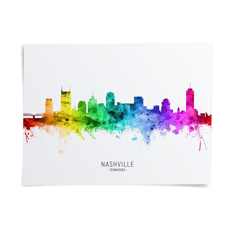 A colorful watercolor illustration of the Nashville skyline, with the text "NASHVILLE - TENNESSEE" below the image.