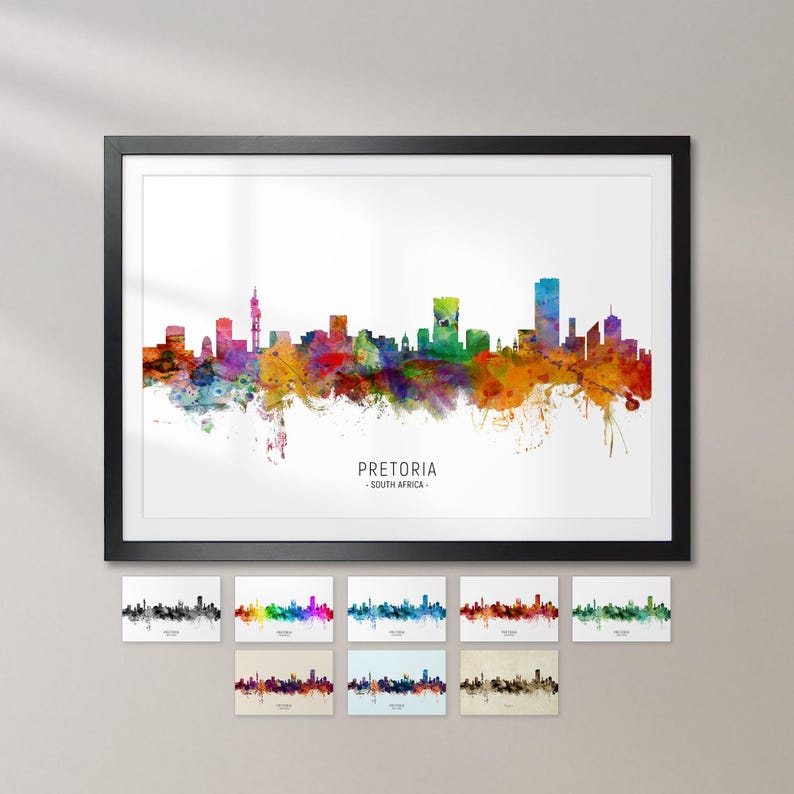 The image is a framed watercolor painting depicting the Pretoria skyline of South Africa.