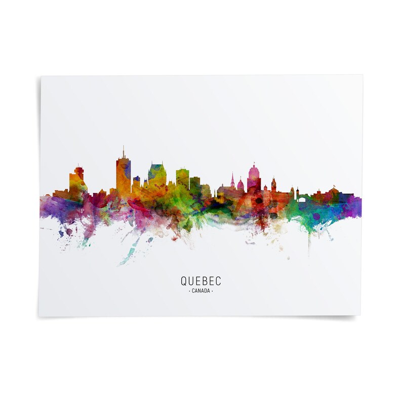 A colorful watercolor-style illustration of the skyline of Quebec, Canada, with the city's iconic buildings and landmarks depicted in a vibrant, abstract manner.