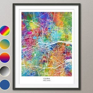 Cork Map, Ireland City Map, Watercolour Art Print Poster (31258)