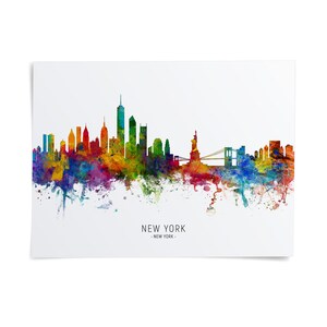 A colorful watercolor illustration of the New York City skyline, with the text "NEW YORK" prominently displayed.