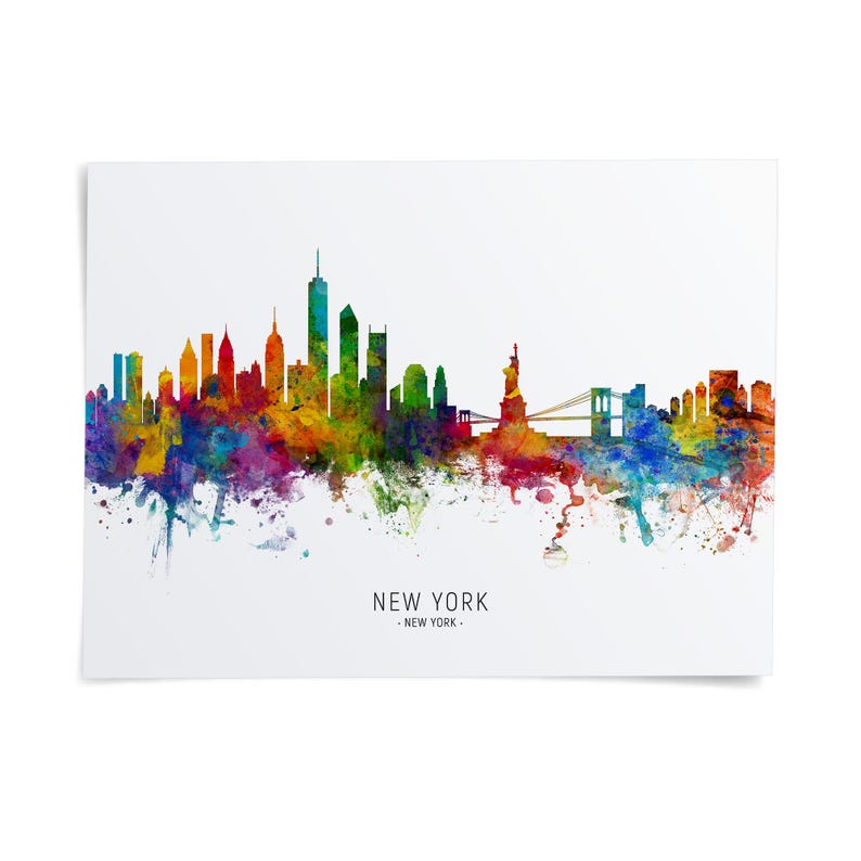 A colorful watercolor illustration of the New York City skyline, with the text "NEW YORK" prominently displayed.