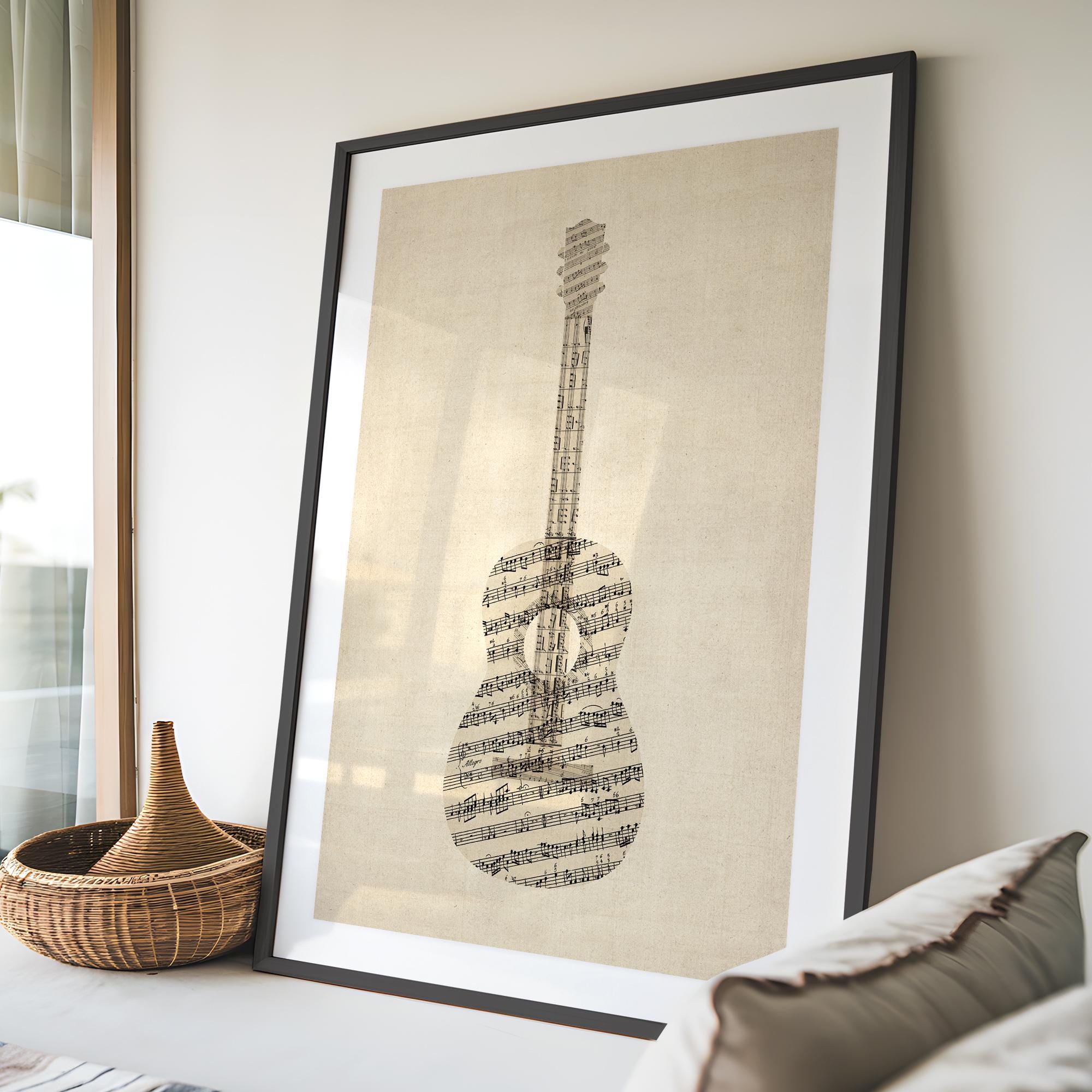 Acoustic Guitar, Old Sheet Music Instrument Collage, - Art Print