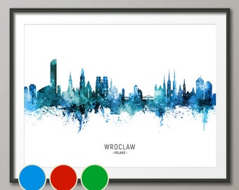 Wroclaw Skyline Poland, Cityscape Art Poster Print Blue Red Green (20848)