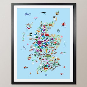 Schottland Tierkarte für Kinder, Schottland Karte, Kunstdruck Poster (2850)