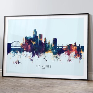 Des Moines Skyline Iowa, Cityscape Painting Art Print Poster HX (12102)