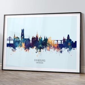 Fribourg Skyline Switzerland, Cityscape Painting Art Print Poster HX (12181)