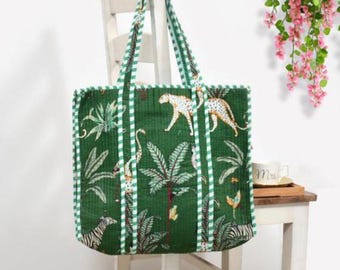 Hand Block Printed Cotton Quilted Tote Bag, Boho Floral Shopping and Beach Bag, Travel and Shoulder Tote, Bridal/Women Gifts, Sustainable