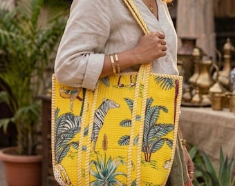 Cotton Quilted Tote Bag: Personalized Animal Block Print, Boho Beach Bag