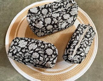 Hand Block Printed Cotton Quilted Toiletry Bag Set: Travel Cosmetic Organizer