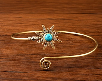 Gold Sun Arm Cuff: Turquoise Gemstone Brass Upper Arm Band