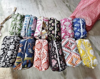 Hand Block Printed Cotton Quilted Makeup Bag: Travel Cosmetic Organizer