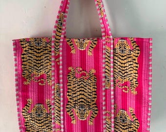 Block Printed Cotton Quilted Tote Bag | Handmade Everyday Shoulder Bag