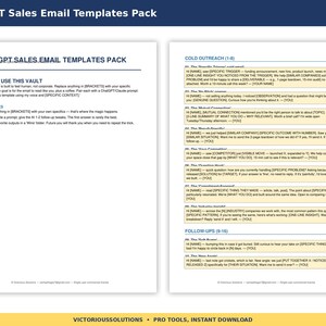 Pode incluir: Um documento digital de duas páginas intitulado ChatGPT Sales Email Templates Pack. A primeira página descreve as instruções de uso, enquanto a segunda página lista vários modelos de e-mail de prospecção com espaços reservados.