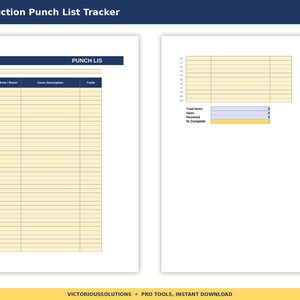 May include: A digital construction punch list tracker template featuring two white pages with dark blue headers. The left page includes a project field and a table with columns for area, room, issue description, and trade. The right page shows a summary table with total items, open, resolved, and percentage complete fields.