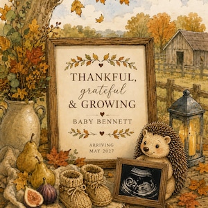Puede incluir: Un marco de madera muestra el texto THANKFUL, grateful & GROWING, BABY BENNETT, ARRIVING MAY 2027. Junto a él hay dos peras, un higo, patucos de punto, un erizo sosteniendo una ecografía y un farol, todo entre hojas de otoño.
