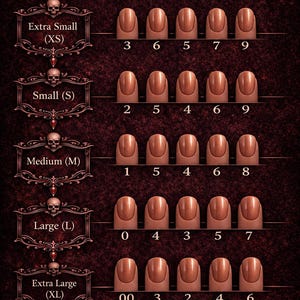 Könnte beinhalten: Nagelgrößentabelle mit Reihen von Nagelformen, von Extra Small bis Extra Large. Jede Reihe zeigt Nagelgrößen. Die Tabelle enthält den Text "Custom sizing available" und "Sizing kits recommended for best fit."