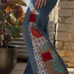 Upcycled Patchwork Levi's Wide Leg Denim Pants Quilted Panel Jeans, Sustainable Fashion