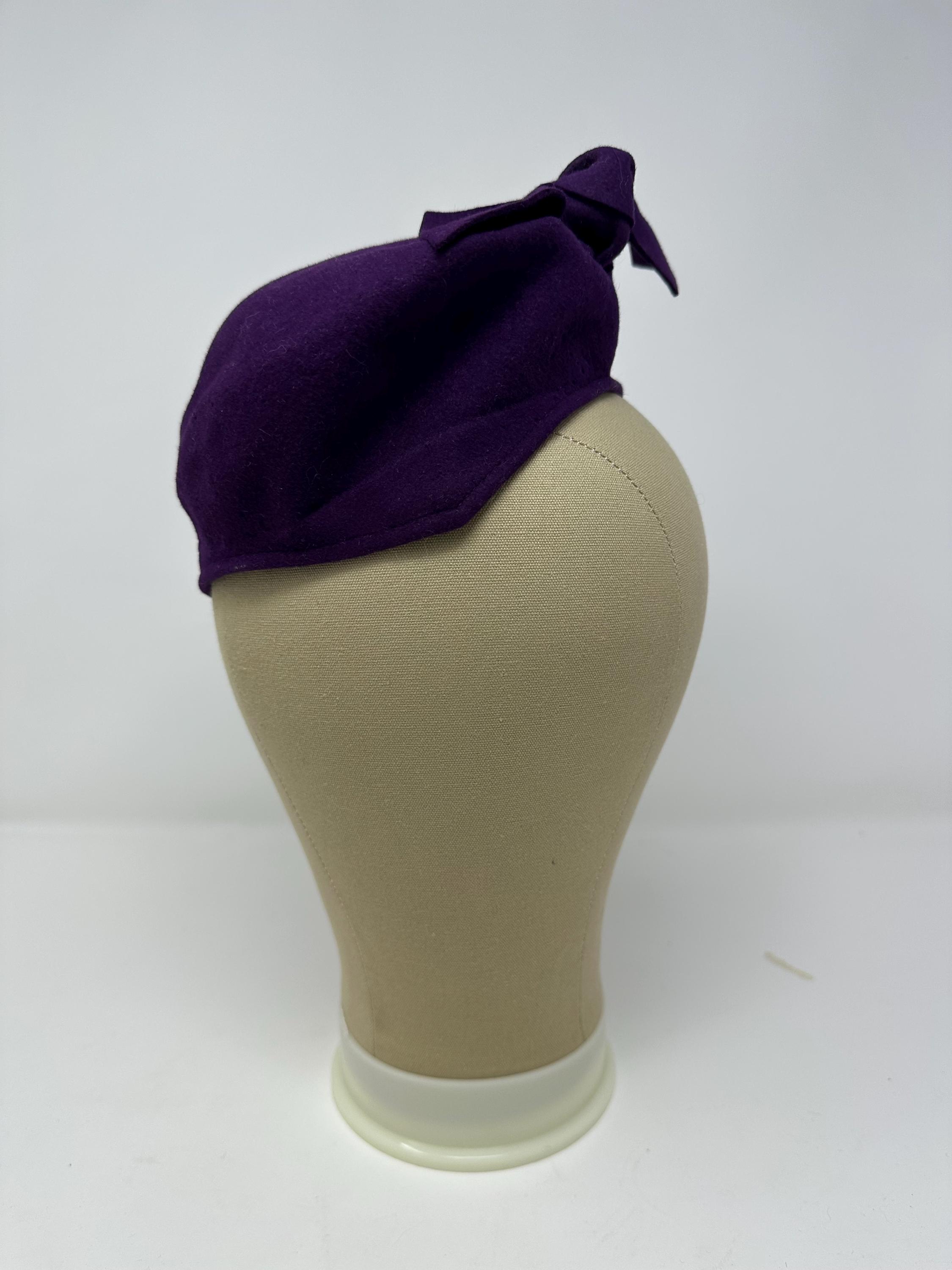 Vintage 1950s Purple Wool Felt Tilt Hat Satin Floral Crown Side Cord Regency Women main image 4