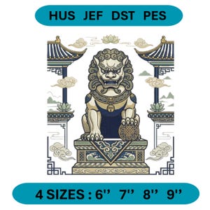 May include: An embroidery design featuring a central guardian lion statue on a pedestal, flanked by two architectural structures with blue roofs. The text HUS JEF DST PES appears at the top, and 4 SIZES : 6" 7" 8" 9" is at the bottom.