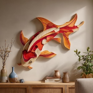 Peut inclure: Une décoration murale en bois superposé en forme de poisson koï, arborant une palette de couleurs vives composée de rouge, d'orange et de tons de bois naturel. La sculpture présente des contours empilés créant un effet tridimensionnel.