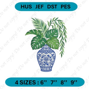 May include: A blue and white decorative vase with a floral design, filled with green tropical leaves. The image includes the text "HUS JEF DST PES" and "4 SIZES: 6" 7" 8" 9"", indicating available sizes.