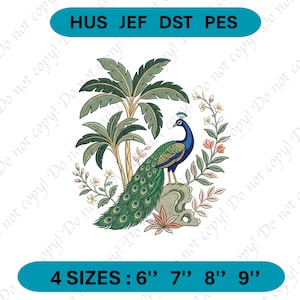 May include: An embroidered design featuring a peacock with a blue head and green tail feathers, perched on a rock. Palm trees and floral elements surround the peacock. The text "HUS JEF DST PES" and "4 SIZES: 6" 7" 8" 9"" are displayed.