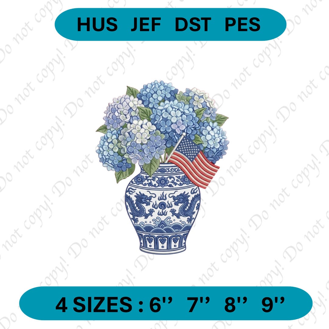 Chinoiserie Hydrangea Vase Embroidery File: Blue Dragon, American Flag ...