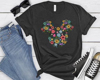 Camiseta con cabeza de Mickey floral de Disney, camiseta de Disney, camiseta con cabeza de Mickey, camiseta de Mickey de Disney, camiseta de flores silvestres de Disney