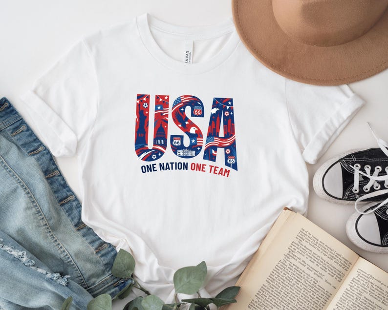 a white t-shirt with a patriotic design, a hat, a pair of jeans, a book, and some sneakers.
