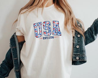Camiseta Floral USA 1776 Retro 4 de Julio Camiseta Estética Patriótica Camiseta Coqueta Cuatro de Julio Top Lindo Sudadera del Día de los Caídos Merchandising