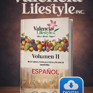 May include: A book titled Valencia Lifestyle Inc. Volumen II with a cream cover featuring a colourful illustration of various fruits, including grapes, apples, and a pomegranate. The text includes Dr. Daniel Valencia and a blue digital download icon.