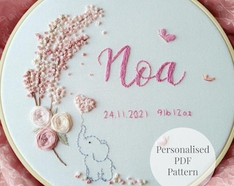 Personalized Elephant Cherry Blossom Embroidery Pattern PDF | Baby Name Hoop Art | Birth Announcement Embroidery | Newborn Keepsake Gift