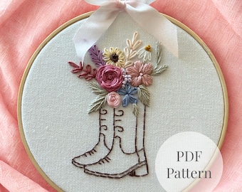 Floral Cowboy Boots Embroidery Pattern PDF | Western Boot Floral Design | Beginner Hand Embroidery DIY Instant Download